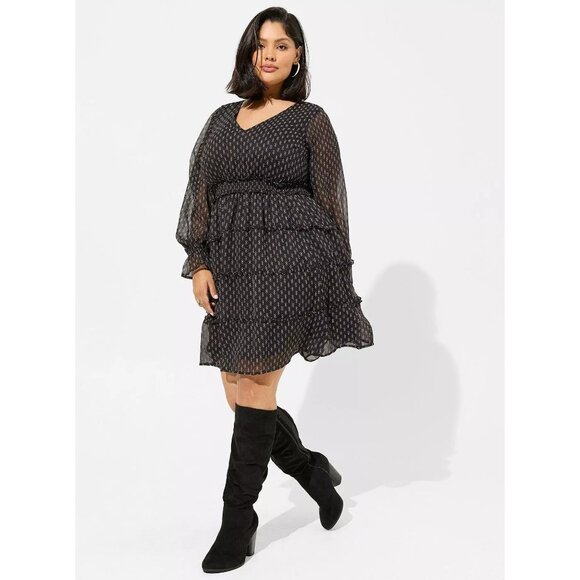 NEW Mini Lurex Chiffon Tiered Dress tiered skirt floral print plus size 3 black - Picture 1 of 8